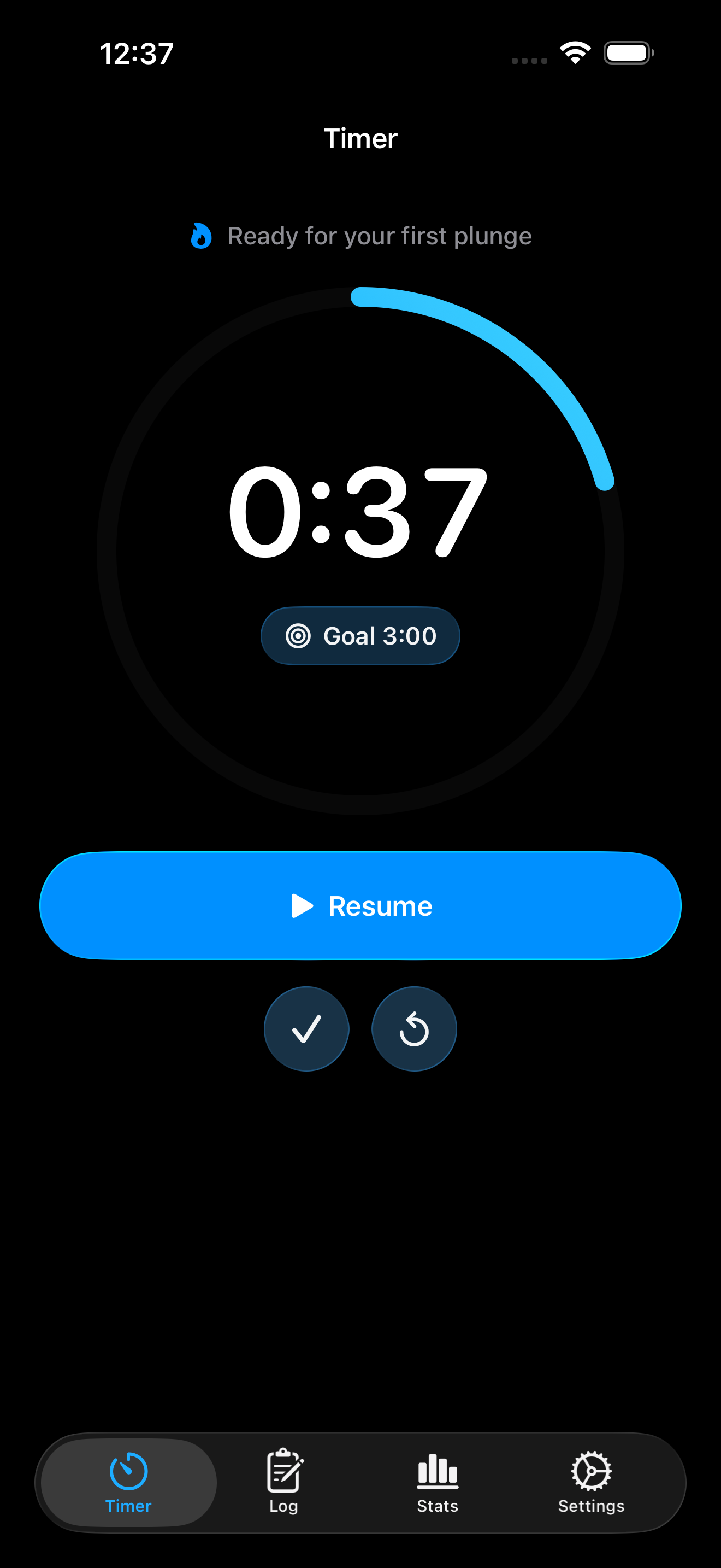 Cold Plunge Timer & Log timer screen in dark mode
