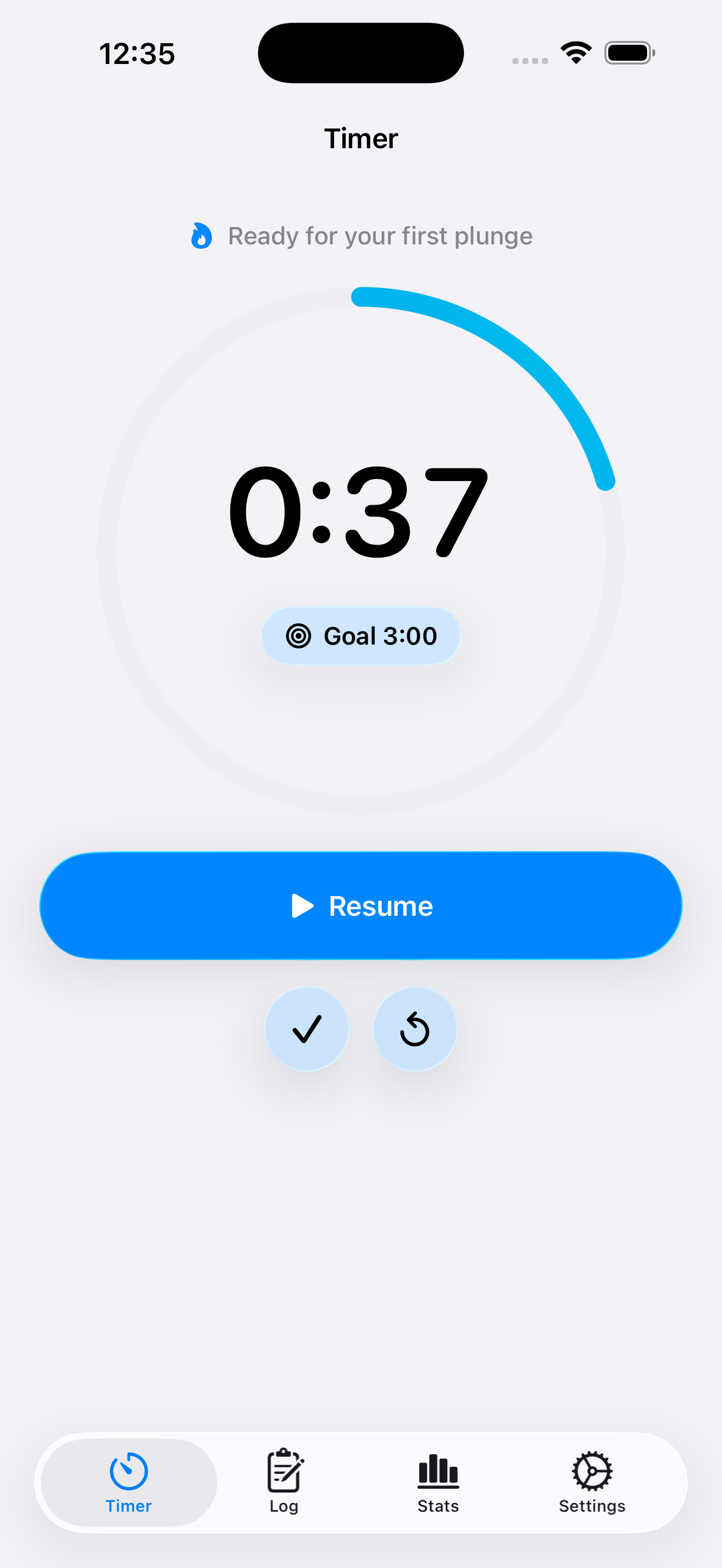 Cold Plunge Timer & Log timer screen in light mode