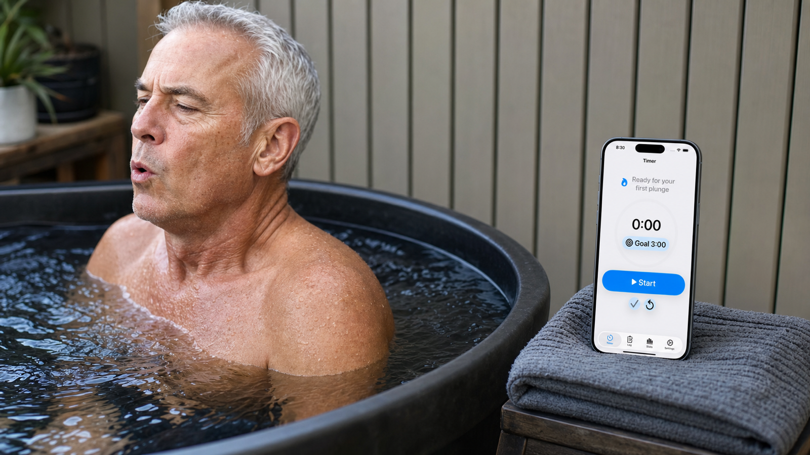 Senior adult in a cold plunge tub with an iPhone 17 nearby showing the Cold Plunge Timer & Log timer screen.