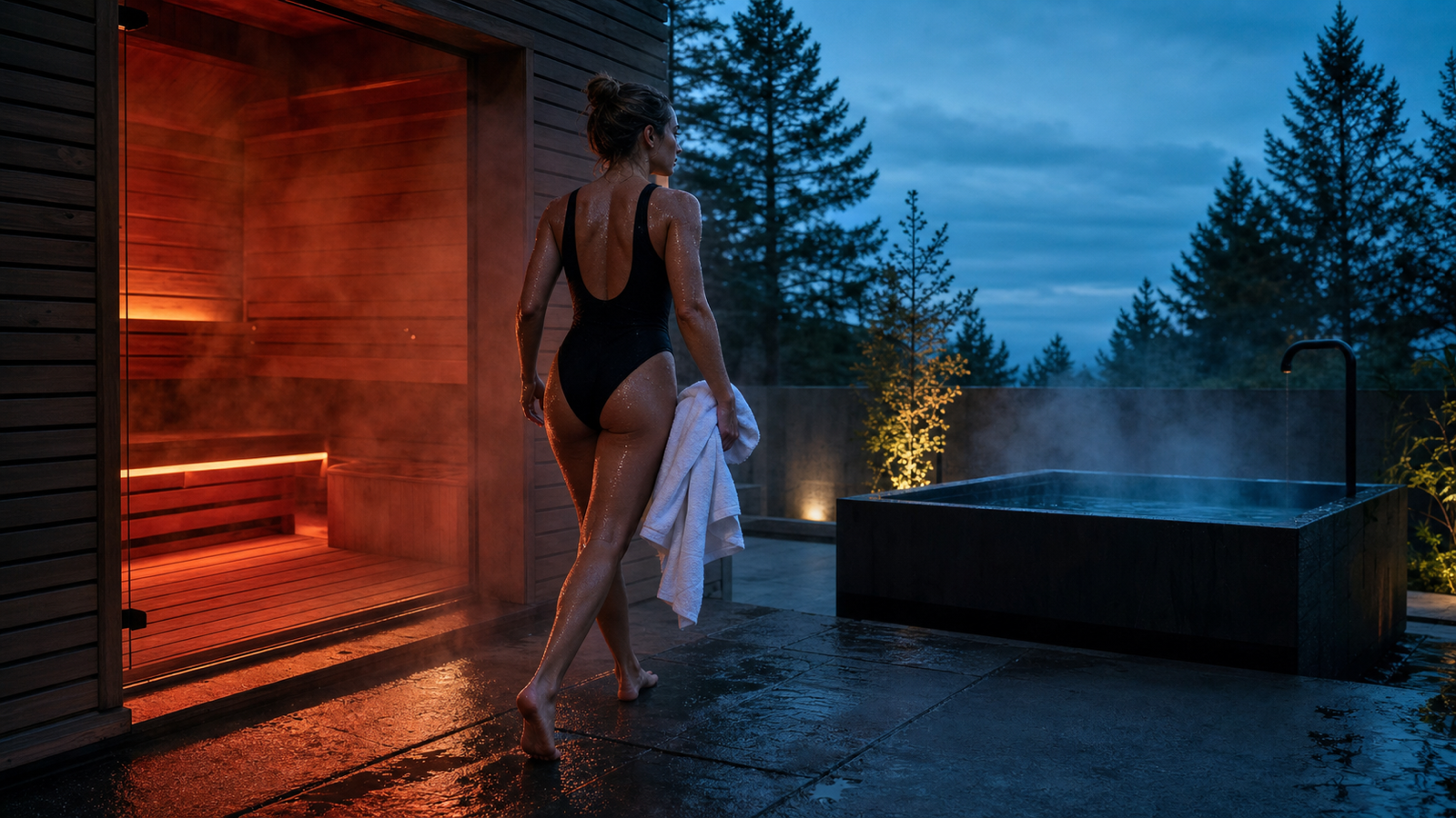 Woman walking from a glowing outdoor sauna toward a cold plunge tub at dusk.
