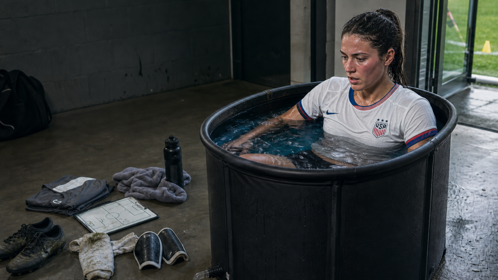 Female soccer player recovering in a cold plunge between tournament games with her cleats and tactical board nearby.