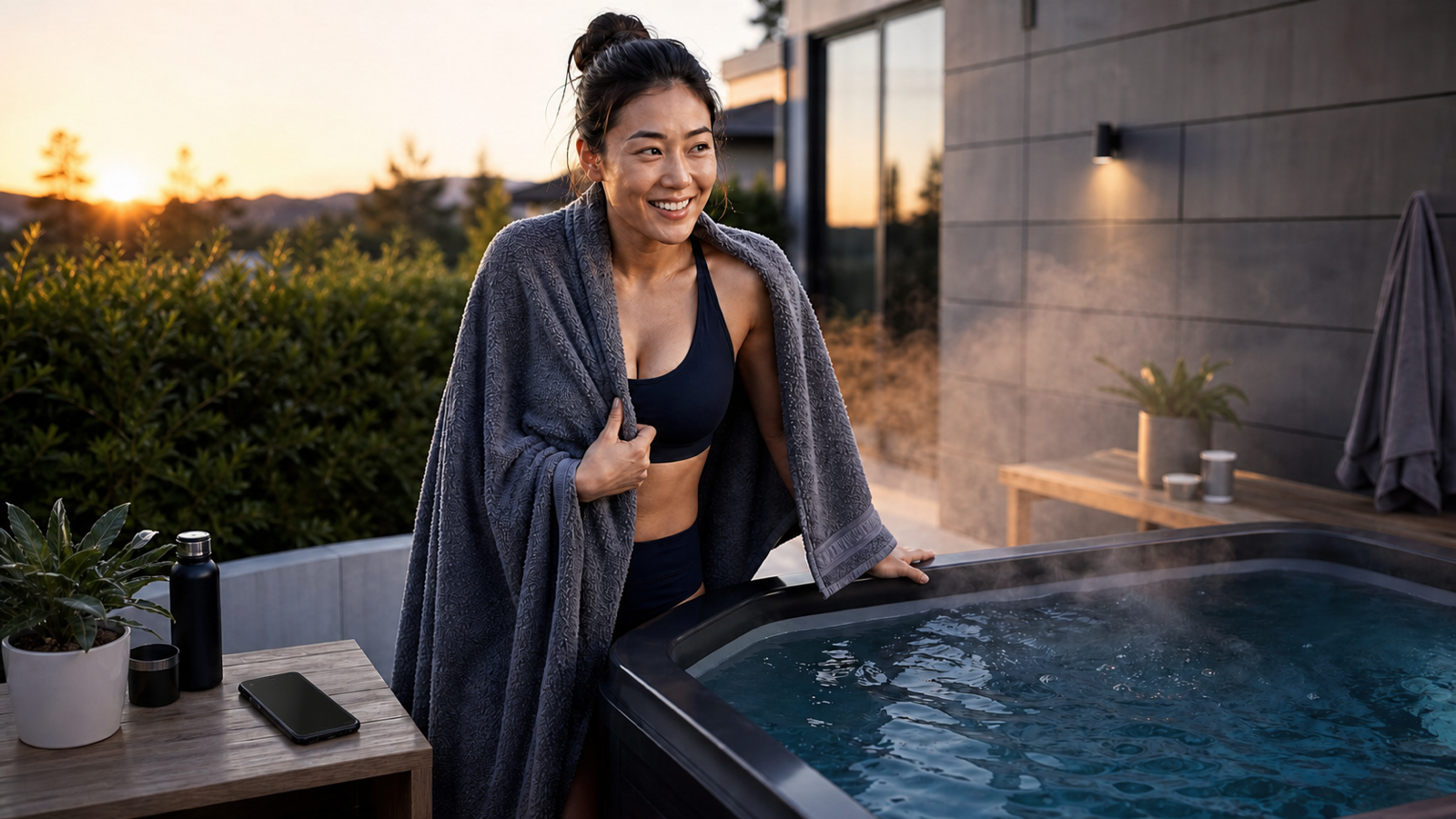 Smiling Asian woman wrapped in a towel beside a backyard cold plunge with an iPhone face down on a nearby table.