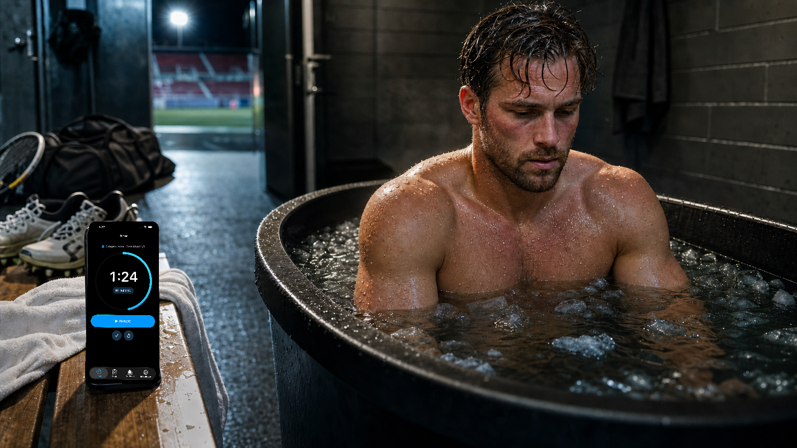 Athlete in an ice-filled cold plunge tub after a match with an iPhone showing the Cold Plunge Timer & Log app nearby.