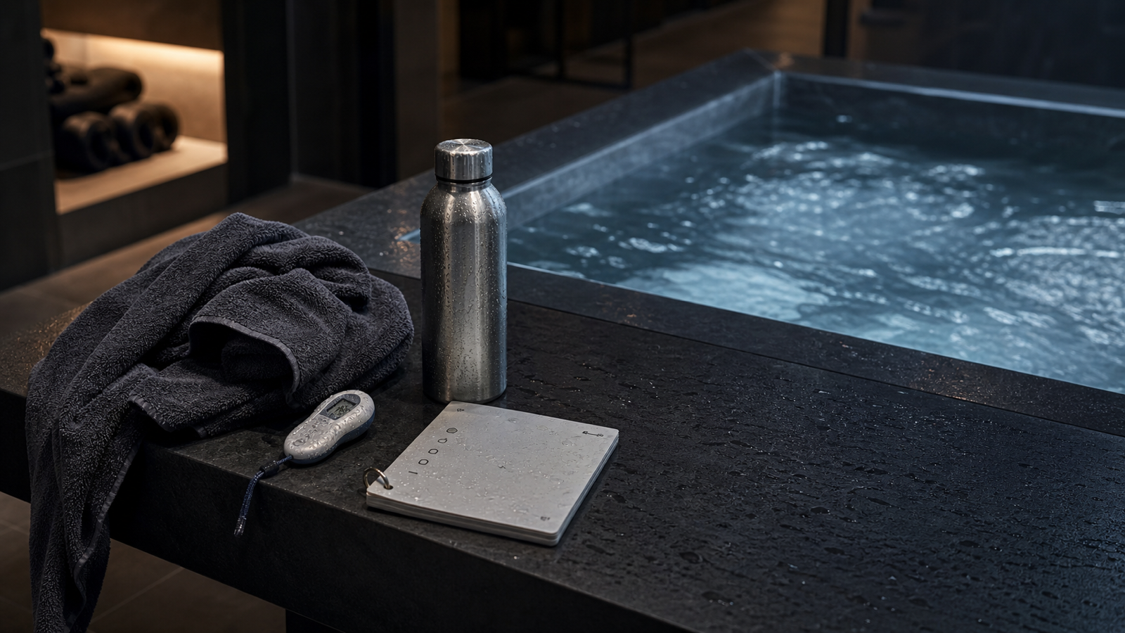 Post-session cold plunge recovery setup with a towel, thermometer, log card, and water bottle beside a dark cold plunge tub.