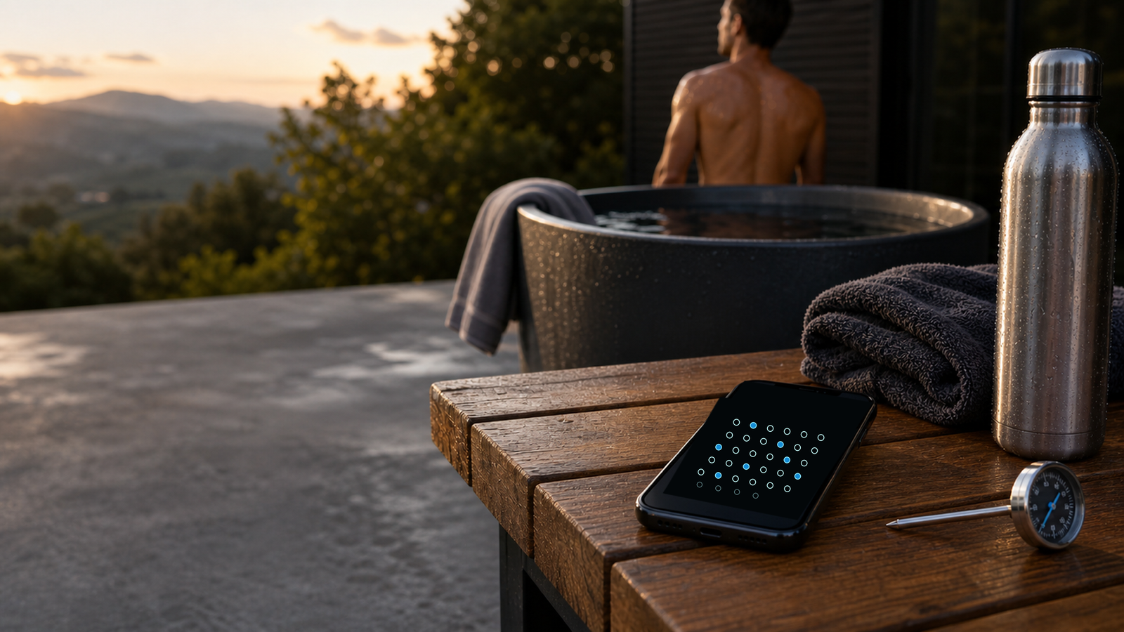 Cold plunge routine setup with an iPhone, towel, thermometer, and cold plunge tub in late-day light.