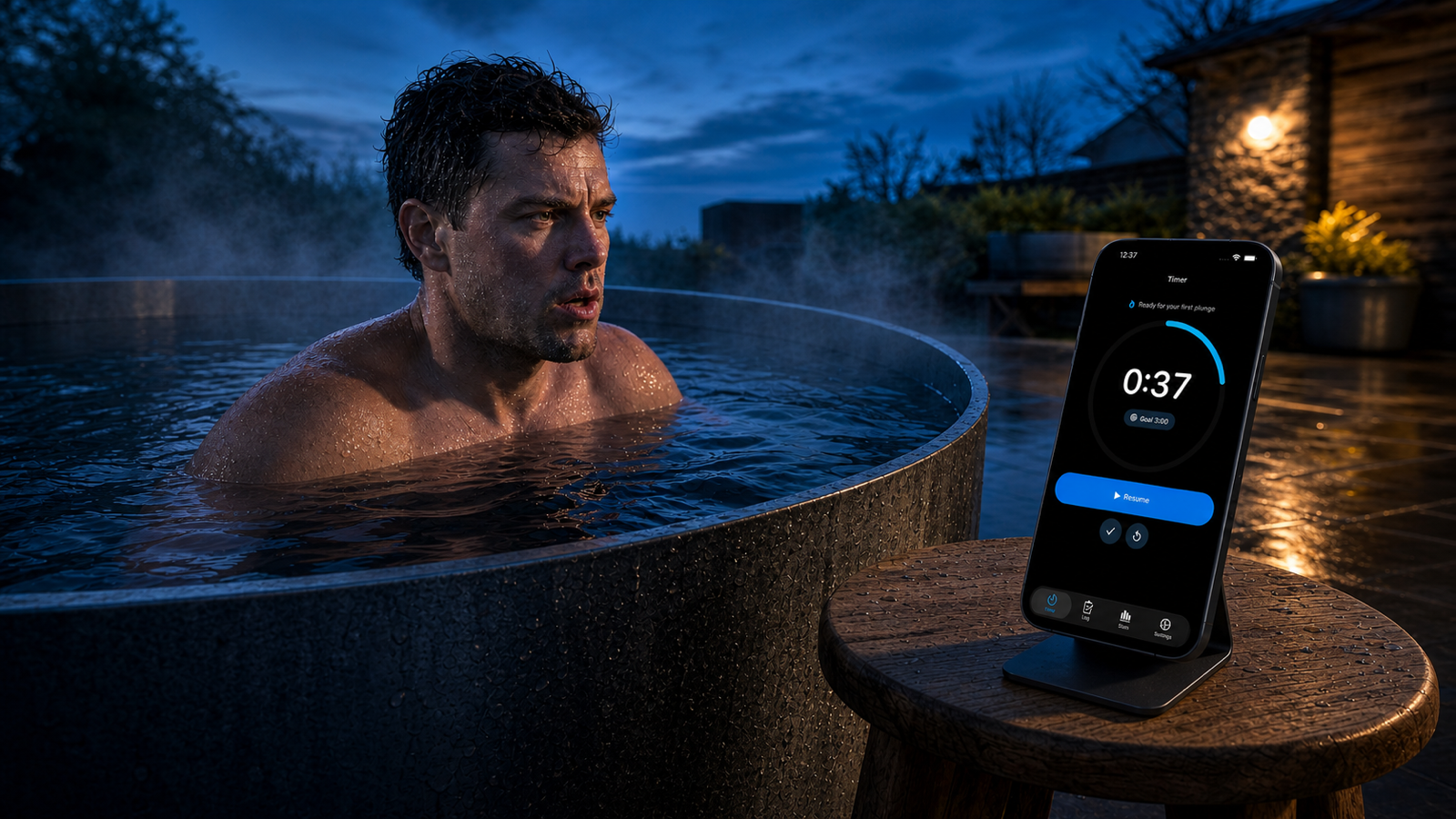 Man bracing in a backyard cold plunge at dusk with an iPhone showing the Cold Plunge Timer app in dark mode.