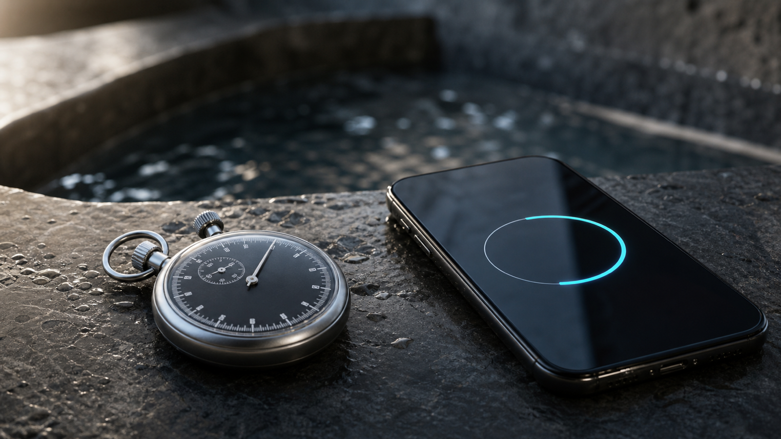 An analog stopwatch and an iPhone timer on wet stone beside a dark cold plunge tub.