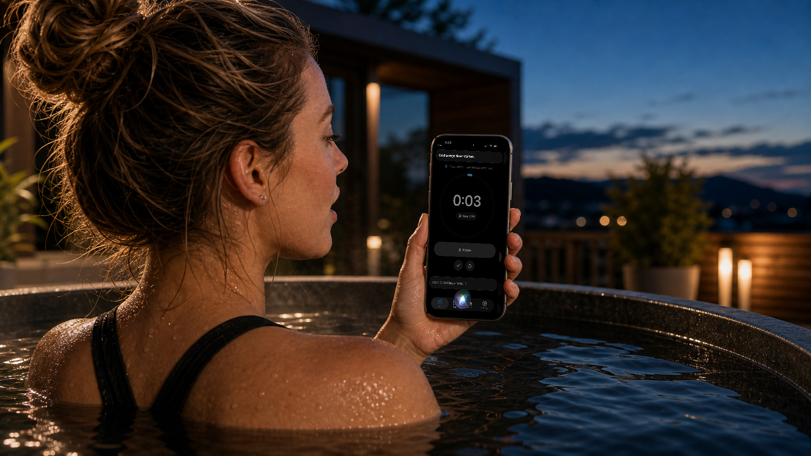 Woman in a cold plunge tub speaking to an iPhone with the Cold Plunge Timer & Log app open.
