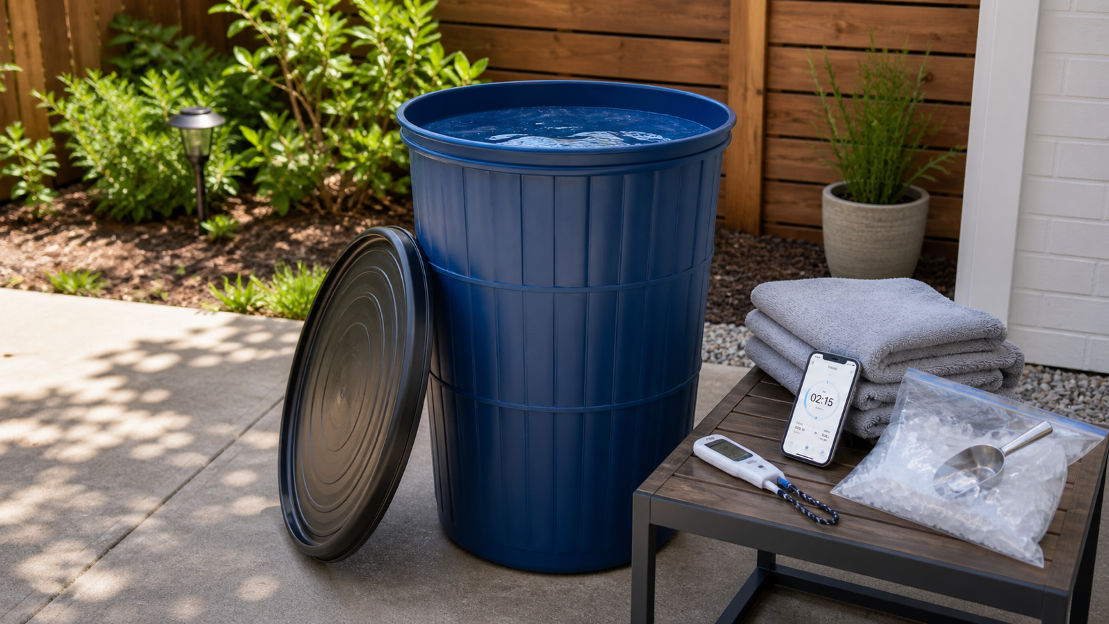 Vertical blue plastic DIY cold plunge tub on a backyard patio with a towel, thermometer, ice, and iPhone timer nearby.