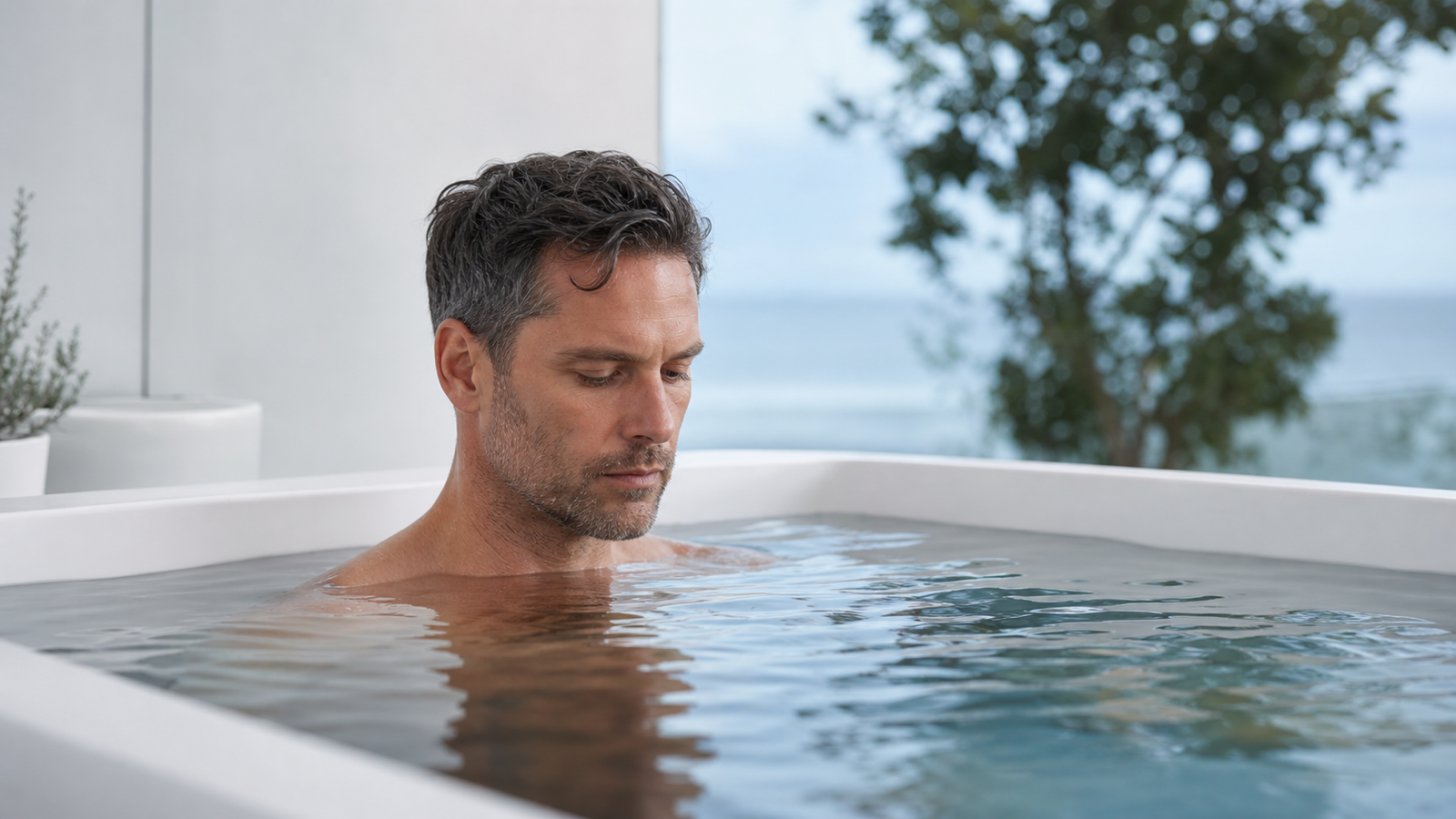Man sitting neck deep in a cold plunge tub and looking calmly at the water.