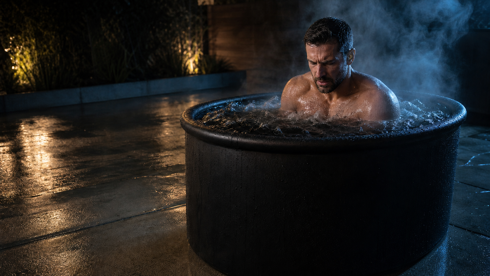 Tense nighttime cold plunge scene with a person bracing in a black tub surrounded by wet concrete and cold mist.
