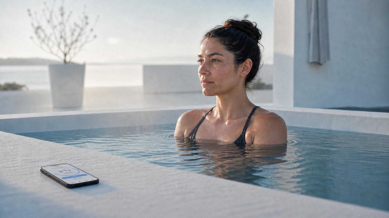 Woman sitting calmly in a cold plunge tub with the Cold Plunge Timer & Log app open on an iPhone nearby.