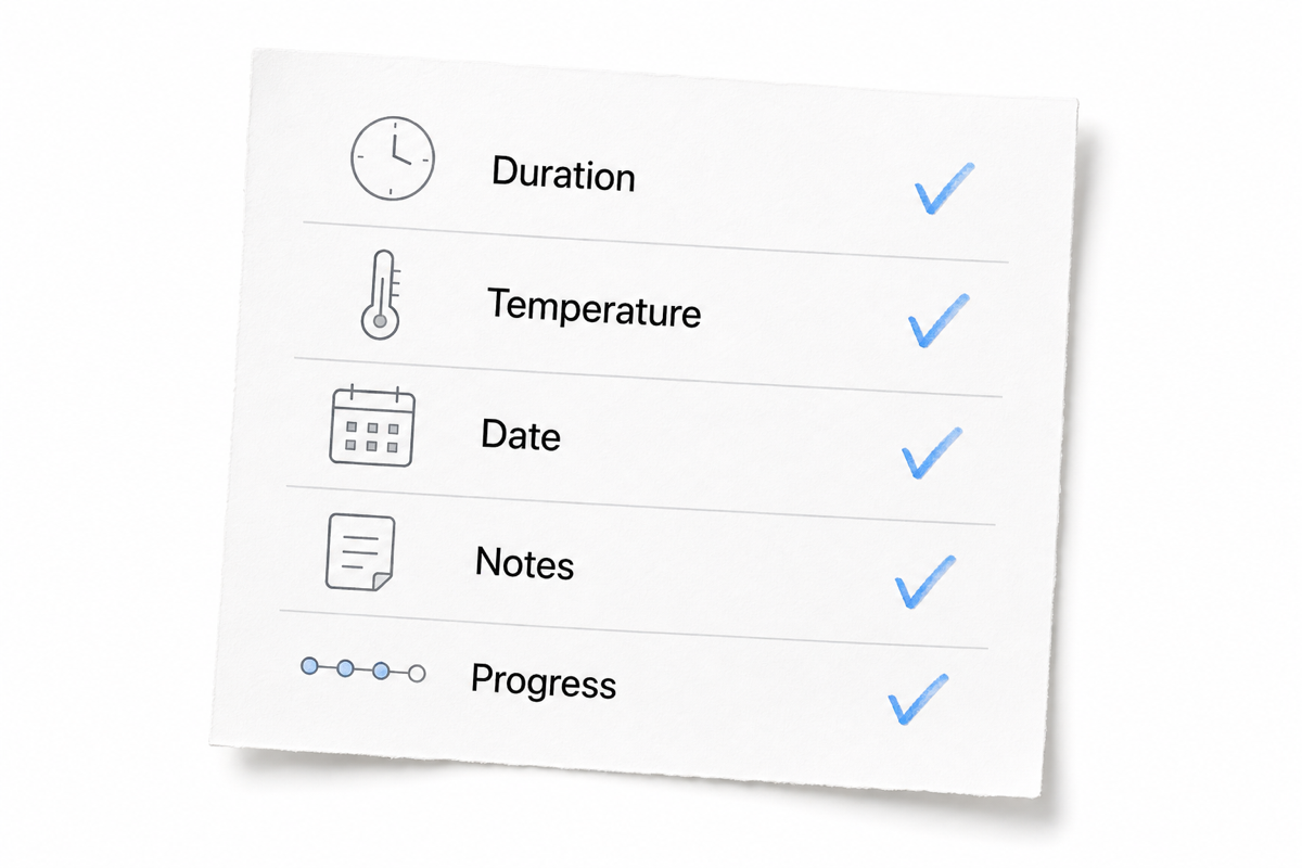 Checklist showing duration, temperature, date, notes, and progress as cold plunge tracking fields.