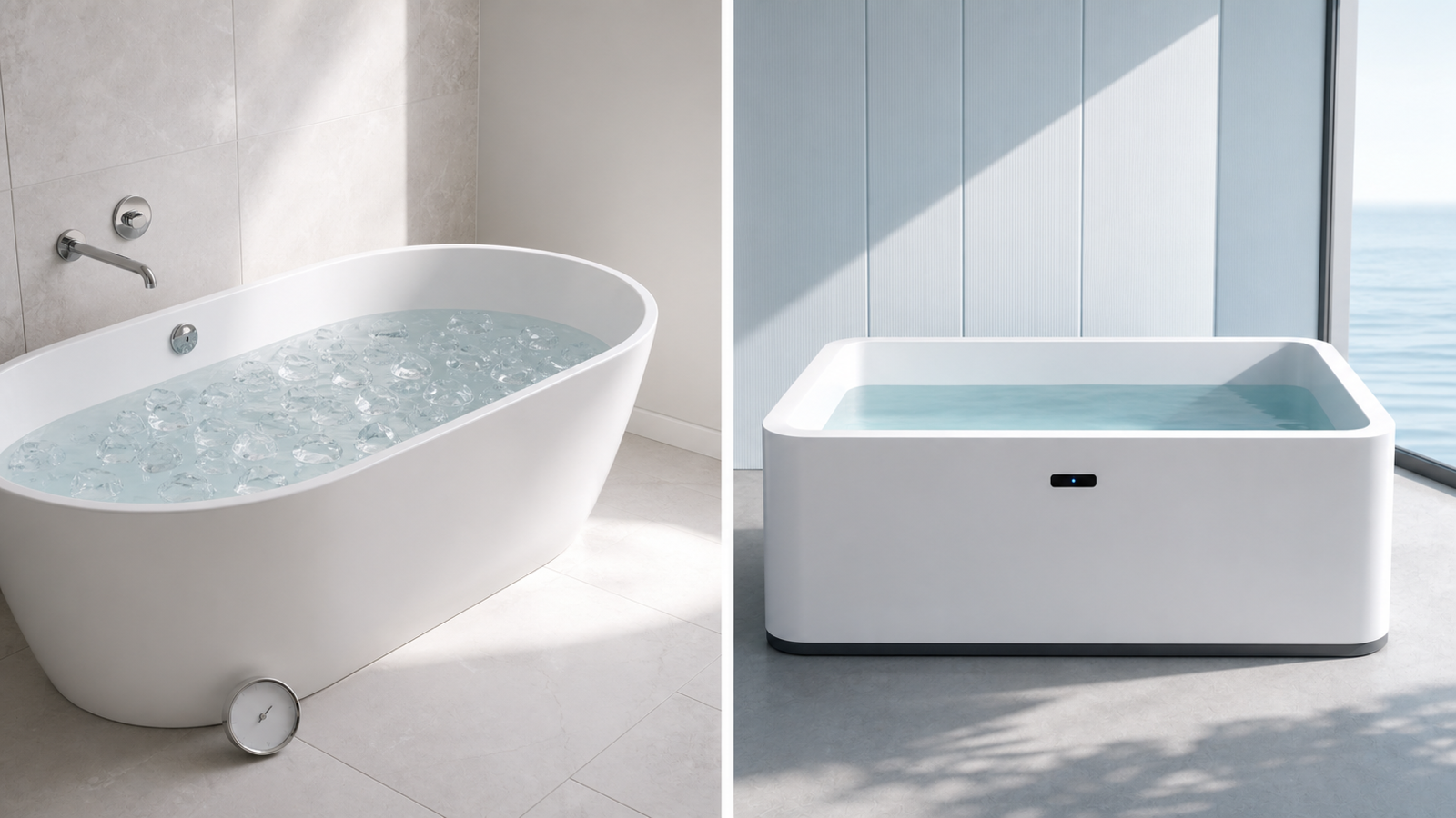 Split image showing a bathtub ice bath with floating ice cubes beside a dedicated cold plunge tub.