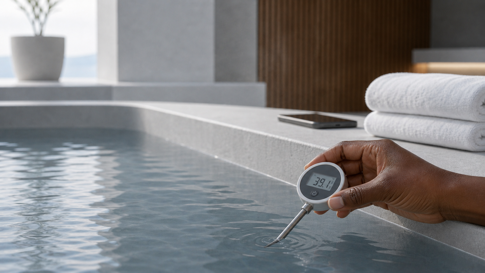 Hand holding a waterproof digital thermometer in a calm indoor cold plunge tub.